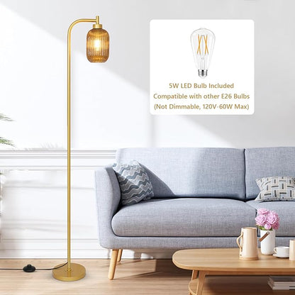 LAMSU Glass Floor Lamps for Living Room, Vintage Gold Standing Lamp with LED Bulb, Amber Stripe Glass Shade, Foot Switch, Mid Century Modern Brass Tall Corner Lamp for Bedroom Office Reading Room