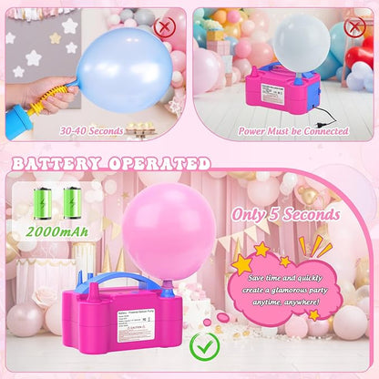 IDAODAN Electric Balloon Pump, Portable Electric Balloon Blower Machine Balloon Air Pump Dual Nozzle Rose Red 110V 600W Balloon Inflator for Party Decorations
