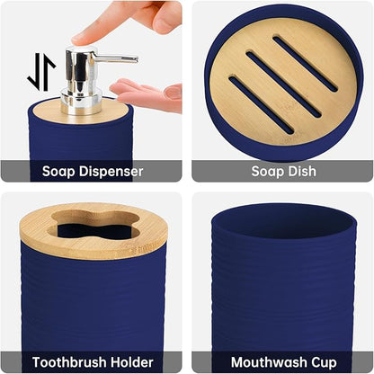 4 Pieces Bamboo Bathroom Accessories Set, Bathroom Accessory Set with Soap Dispenser and Toothbrush Holder, Soap Dish and Toothbrush Cup, Boho Bathroom Décor(Navy Blue)