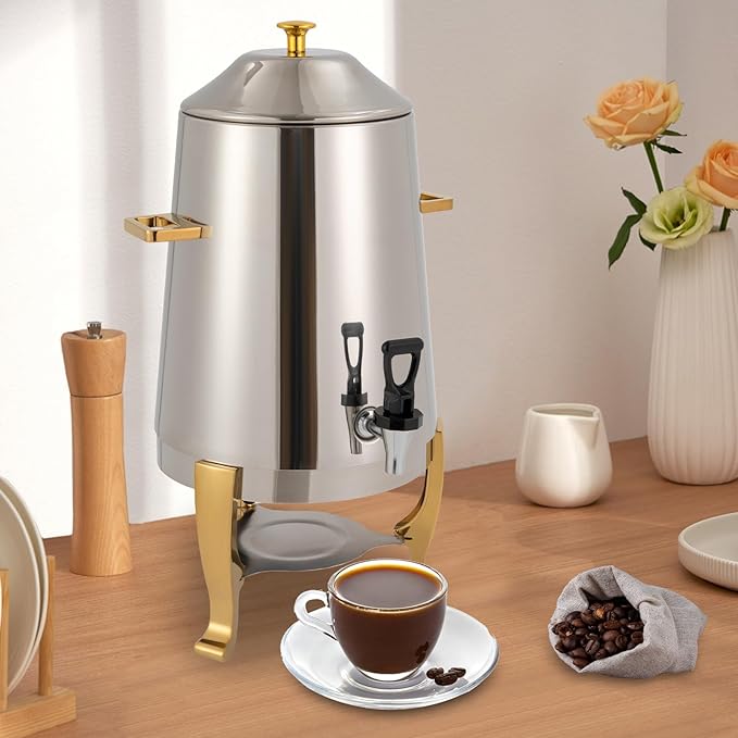 13L/3.43Gal Beverage Dispenser, Stainless Steel Hot Cold Drinks Urn with Fuel Stand, Thermal Tea Juice Milk Coffee Chafer Dispenser with Faucet for Parties Buffet Commercial Use (gold)