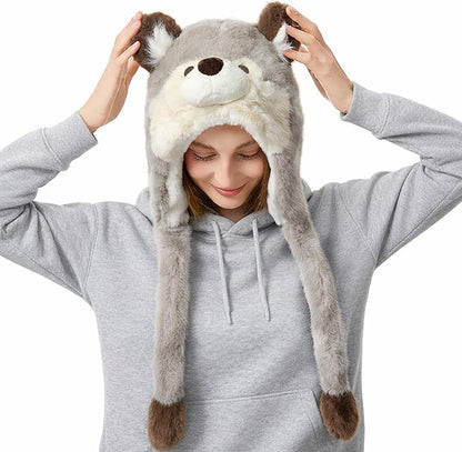 Surblue Animal Hat with Ears Moving Jumping Winter Plush Cap Halloween Christmas Party for Adult Teenager, One Size