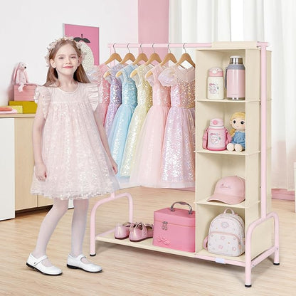 Univivi Kids Clothing Rack with Hanging Organizer, Short Toddler Dress Up Storage Rack for Hanging Clothes, Kids Wardrobe Closet for Baby Clothes, Dance Costumes, Pink/Beige