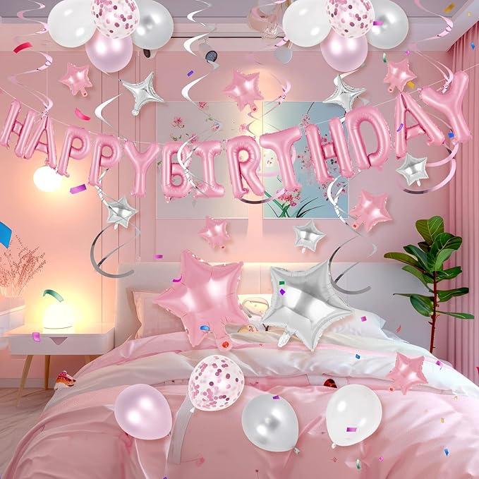 55 Pcs Happy Birthday Balloons Letters Banner with 35 Pcs Star Foil Balloon, 20 Pcs Latex Balloons, 6 Hanging Swirls for Women Men Boys Girls Birthday Party Decorations Set ﻿ (Pink)