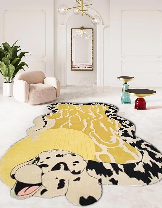 Bright Yellow Black and White Spots Snake Rug for Living Room Bedroom Guestroom Non Shedding Faux Wool Area Rug Fun Animal Shaped Rugs Vibrant Art Playroom Nursery Room Anti Slip Durable Carpet 3x5