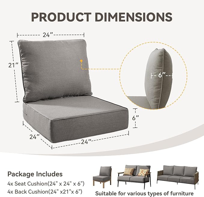 Outdoor Cushion Set for Furniture Patio Furniture, UV Resistant, Water Resistant - 6 Inch Thick Foam Garden Cushions– 24x24 Inch Patio Seat Covers for Chair/Sofa/Couch | Grey | 4-Pack |