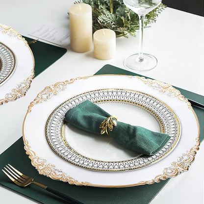 Okllen 12 Pack Plastic Round Charger Plates, 13" Dinner Charger Dessert Plates with Gold Rim, Vintage Charger Serving Plates for Catering, Wedding, Tabletop Decor, White, Floral Trim