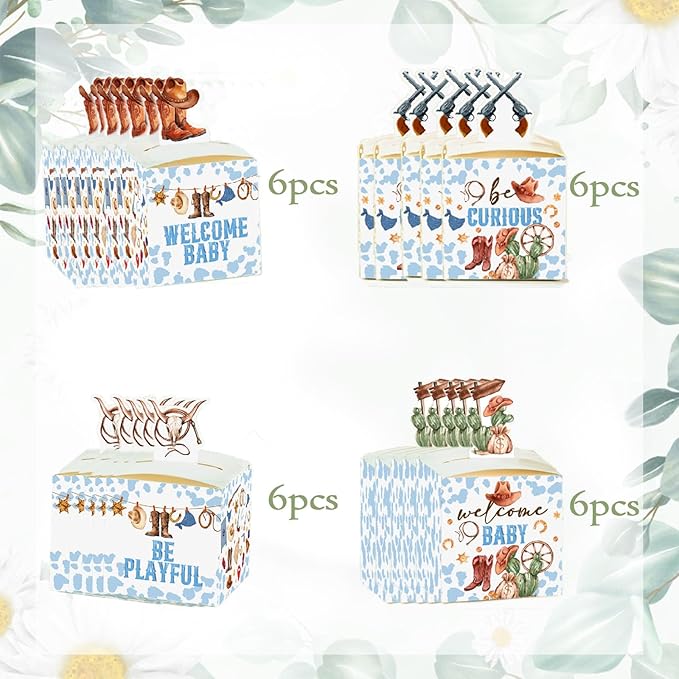 QZCYU 24 Pcs Western Baby Shower Decorations, Blue Brown Cowboy Wild West Party Favors Gift Boxes Baby Shower Boxes Small Treat Decor Boxes for Candy Gift Favors(2.4 * 2.4 * 2.5inches)