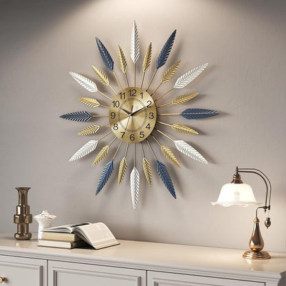 Cuspin Large Wall Clock, 24 Inch Mid Century Modern Clock Decorative Golden Feather Sunburst Wall Clock, Silent Non Ticking Battery Operated Wall Clocks for Living Room Decor