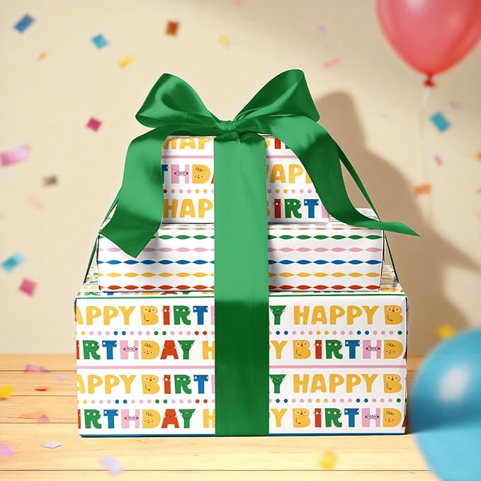 LaRibbons Birthday Wrapping Paper Roll - Colorful Happy Birthday Gift Wrap for Kids & Adults, Fun Party Design, Durable Gift Wrapping Paper for Birthday Presents