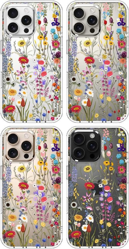 MOSNOVO Case for iPhone 16 Pro Max, [Buffertech 6.6ft Military-Grade Drop Protection] [Anti Peel Off Tech] Clear TPU Bumper Phone Case Cover Design - Wildflower Meadow