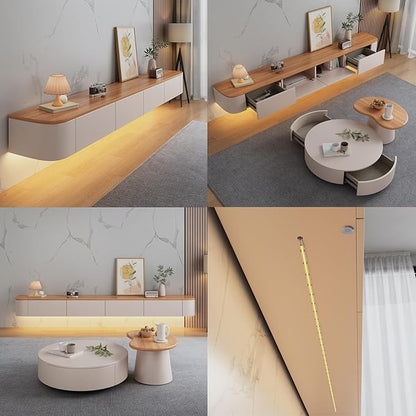 Floating TV Stand Large Floating TV Shelves Wall Mounted Multi Storage Compartment TV Media Console Floating TV Cabinet Bench Under TV Large Storage (White-brown With Led, 102.4 * 7.9 * 9.4 IN)
