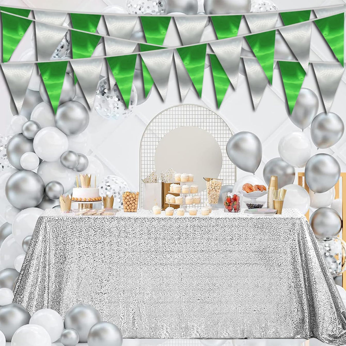 20M/65FT Green Silver Triangle Pennant Banner Flag Metallic Fabric Bunting Garland for Christmas Graduation Wedding Engagement Anniversary Bachelorette Birthday Bridal Shower Hen Party Supplies