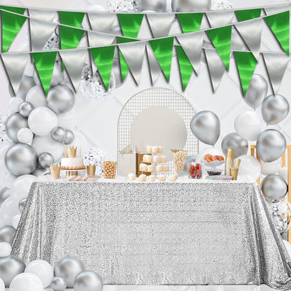 20M/65FT Green Silver Triangle Pennant Banner Flag Metallic Fabric Bunting Garland for Christmas Graduation Wedding Engagement Anniversary Bachelorette Birthday Bridal Shower Hen Party Supplies