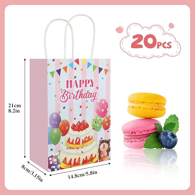 Ethanberg 20Pcs Birthday Gift Bags with Handles, Happy Birthday Paper Favor Bags, Birthday Paper Goodie Bags, Birthday Candy Treat Bags for Boys Girls Birthday Party Decorations Supplies