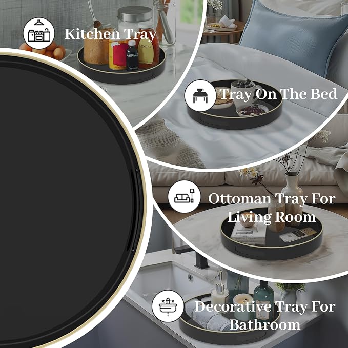 MAONAME Black Decorative Tray for Coffee Table, Modern Round Serving Tray