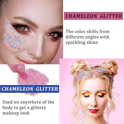 MEICOLY Chameleon Baby Pink Body Glitter,Pink Turn to Purple Face Glitter Paint,Holographic Color Changing Mermaid Face Glitter Gel for Hair,Self-Adhesive Chunky Glitter for Halloween Festival Party