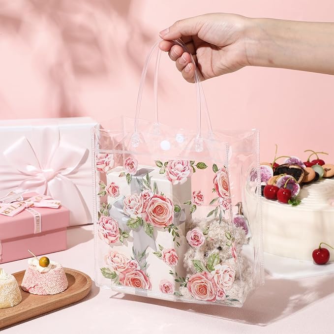 Aliceset 20 Pcs Mother's Day Clear Floral Gift Bags with Handles Flower Rose Party Goodie PVC Treat Bags for Tea Party Baby Shower Birthday Bridal Shower, 8 x 8 x 3.15 Inch
