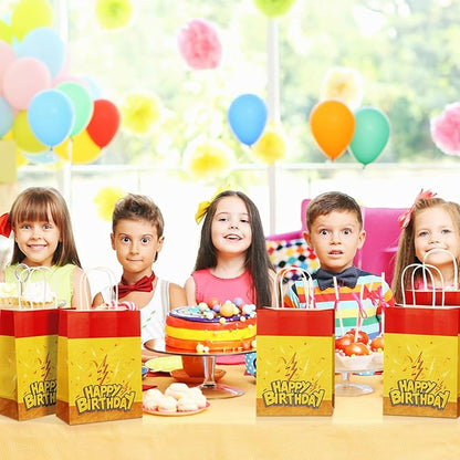 Oudain 24 Pcs Cartoon Animation Party Favor Bags Red Yellow Goodie Treat Gift Bags with Handle Paper Candy Packing for Birthday Lightning Pattern Theme Supplies Baby Shower Decorations