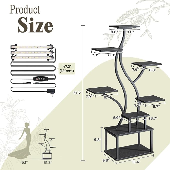 PRAISUN 51.3 Inch Plant Stand with Grow Light, 6 Tiered Indoor Plant Shelf with Larger Flower Holder, Pine-Shaped Stand, 3 Light Modes, Open Base, Corner Plant Rack for Living Room, Black