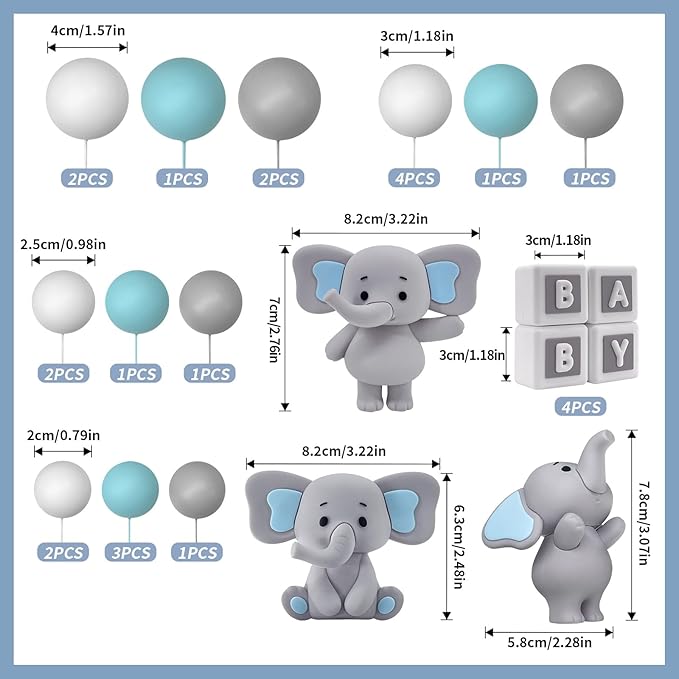 28 Pcs Elephant Cake Topper Balls Cake Decorations DIY Cake Topper for Boy Girl Birthday Party Decorations (Blue)