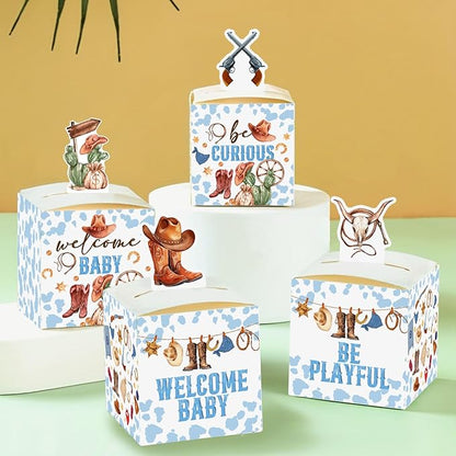 QZCYU 24 Pcs Western Baby Shower Decorations, Blue Brown Cowboy Wild West Party Favors Gift Boxes Baby Shower Boxes Small Treat Decor Boxes for Candy Gift Favors(2.4 * 2.4 * 2.5inches)