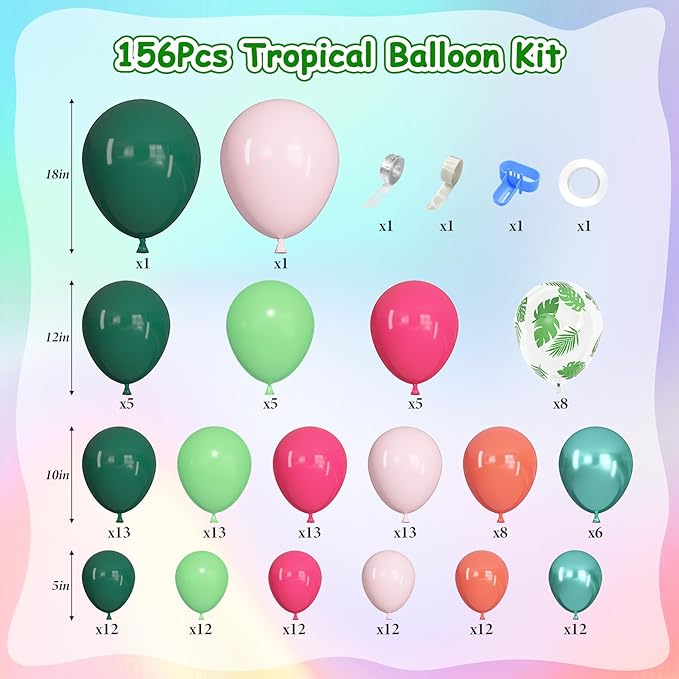 Ouddy Life 156pcs Tropical Balloons Arch Garland Kit, Hawaiian Summer Luau Party Decorations, Hot Pink Dark Green Orange Palm Leaves Balloons for Aloha Flamingo Beach Pool Baby Shower Birthday Decor