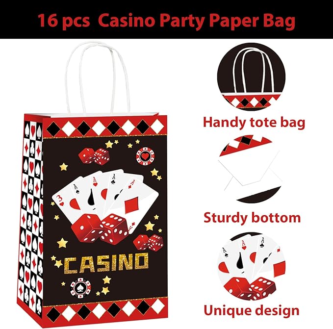 gisgfim 16 Pcs Casino Party Favor Bags Las Vegas Birthday Party Candy Treat Paper Bags Party Gifts Casino Night Poker Events Party Supplies Decorations