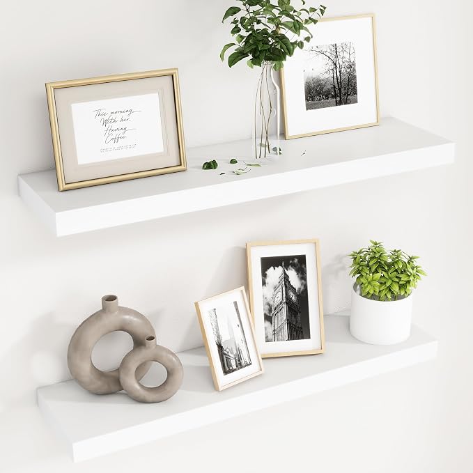 fuqing 30 Inch Floating Shelves for Wall, White Wood Floating Shelves Set of 2, 30'' Long Wooden Wall Shelves for Living Room Bedroom Bathroom Home Office - White