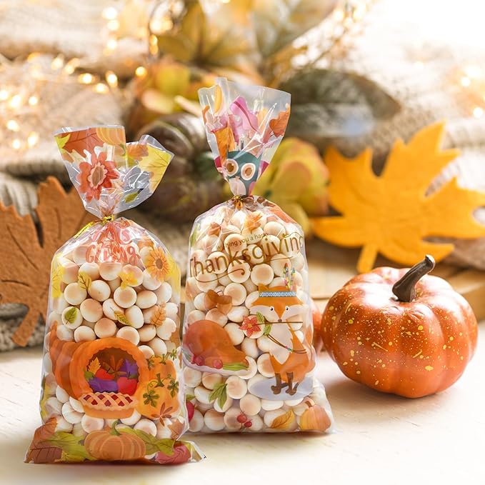 Pedenty 160 Pcs Thanksgiving Cellophane Treat Bags – 4 Fall-Themed Candy Bag Designs with Ties – Autumn Party Favor Goodie Bags for Thanksgiving Party, Classroom Exchange, or Holiday Treats