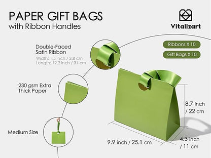 Vitalizart Paper Gift Bags With Ribbon Handles Set of 10 Assorted Colors Bulk Reusable For Gift Wrap Girls Kids Birthday Bridal Shower Party Favors Goodie Bags Candy Christmas 9.84"x4.33"x8.66" Medium