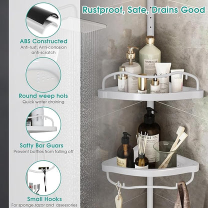 Corner Shower Caddy:125" Adjustable Inside Tension Shower Organizer Tension Pole,Rustproof Bathroom Organizer Shelves for Bathtub Shampoo Conditioner Storage,Floor to Ceiling Standing Showering Rack