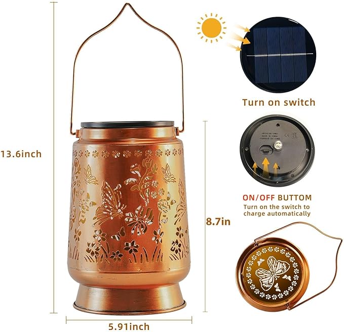 Large Solar Lanterns Outdoor Waterproof, Mothers Day Gifts Butterfly Birthday Gifts for Women Men, Metal Hanging Solar Lantern Lamp for Yard, Lawn, Patio, Backyard, Butterfly Garden Decor Outside