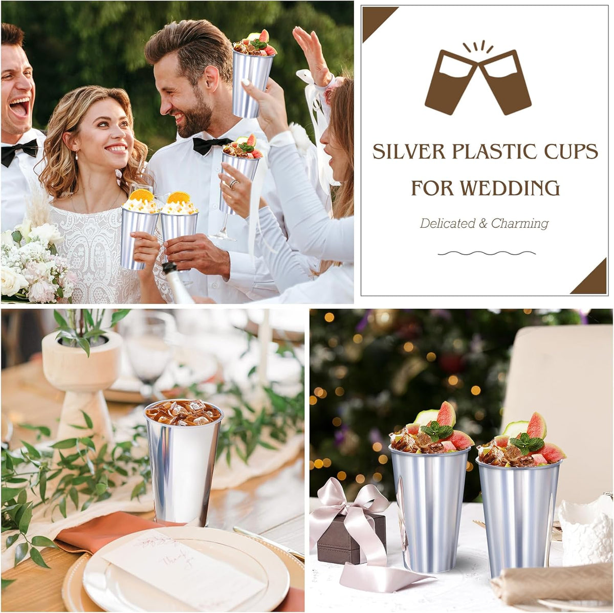 KesaPlan 50PCS Silver Plastic Cups, 16oz Disposable Plastic Tumblers for Party, Fancy Mirorred Silver Cups Bulk for Hot Cold Drinks, Disposable Drinking Glasses for Wedding Birthday Holiday Events