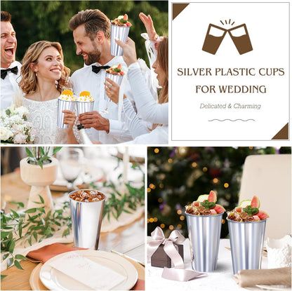 KesaPlan 50PCS Silver Plastic Cups, 16oz Disposable Plastic Tumblers for Party, Fancy Mirorred Silver Cups Bulk for Hot Cold Drinks, Disposable Drinking Glasses for Wedding Birthday Holiday Events