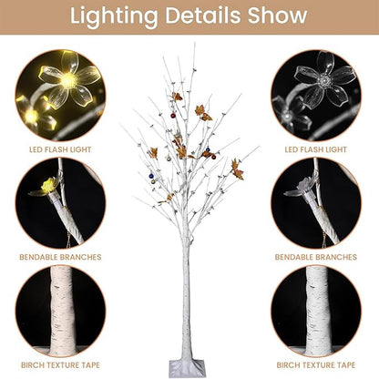 AWQM 4 Feet 5 Feet and 6 Feet Lighted Cherry Blossom Tree, Pack of 3, 200 LED Lights 24 Maple Leaves 24 Balls, for Home, Festival, Party, and Christmas Decoration, Indoor and Outdoor Use (White)