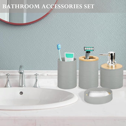 4 Pieces Bamboo Bathroom Accessories Set, Bathroom Accessory Set with Soap Dispenser and Toothbrush Holder, Soap Dish and Toothbrush Cup, Boho Bathroom Decor(Grey)