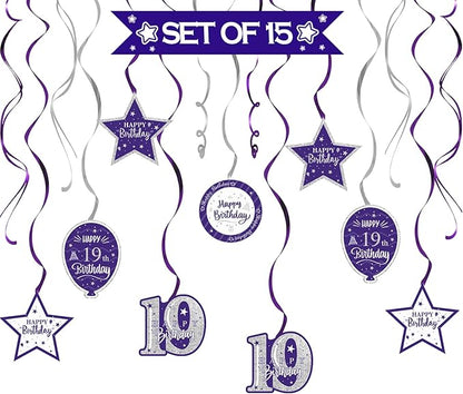 Happy 19th Birthday Purple & Silver Glitter Swirls Streamers Party Decorations - 15 Pcs 19th Birthday Hanging Swirls Streamers Kit,Cheers to Nineteen Years Old Bday Party Sign.
