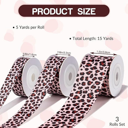 Leopard Print Ribbon Set 3 Rolls Animal Print Grosgrain Ribbons 5/8", 7/8", 1.5", Jungle Safari Printed Ribbon for Crafts, Gift Wrapping, Flower Bouquet, Wreath & Bows Making, Gift Bags Decor