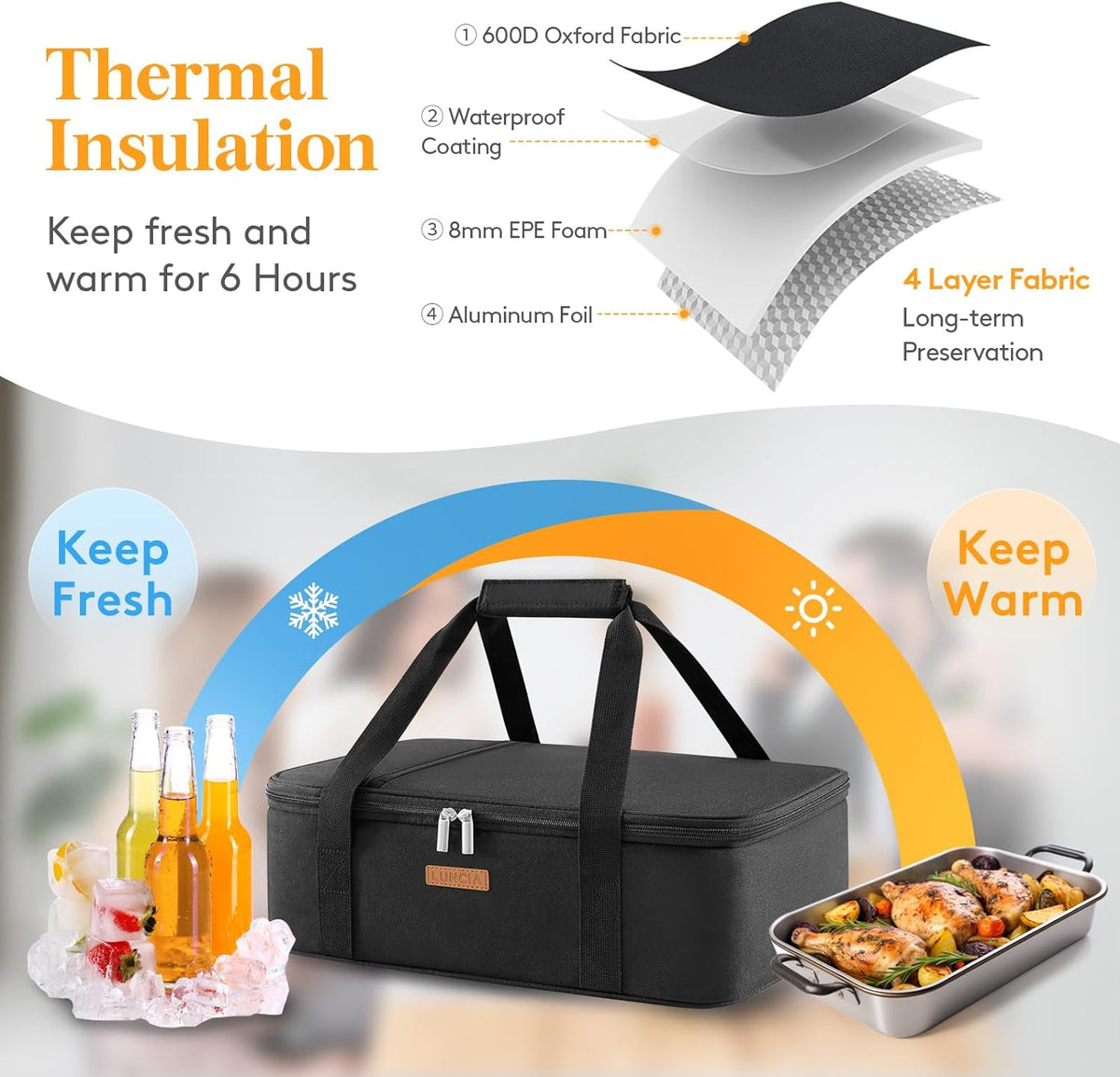 LUNCIA Insulated Casserole Carrier for Hot or Cold Food, Lasagna Lugger Tote for Potluck Parties/Picnic/Cookouts, Fits 9"×13" Baking Dish, Black
