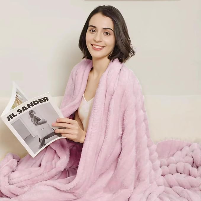 Aganear Fluffy Throw Blanket for Couch,3D Ribbed Jacquard Warm Fuzzy Blanket for Couch, Home Decor for Lightweight Cozy Soft Throw for All Seasons(Pink,50"×60")