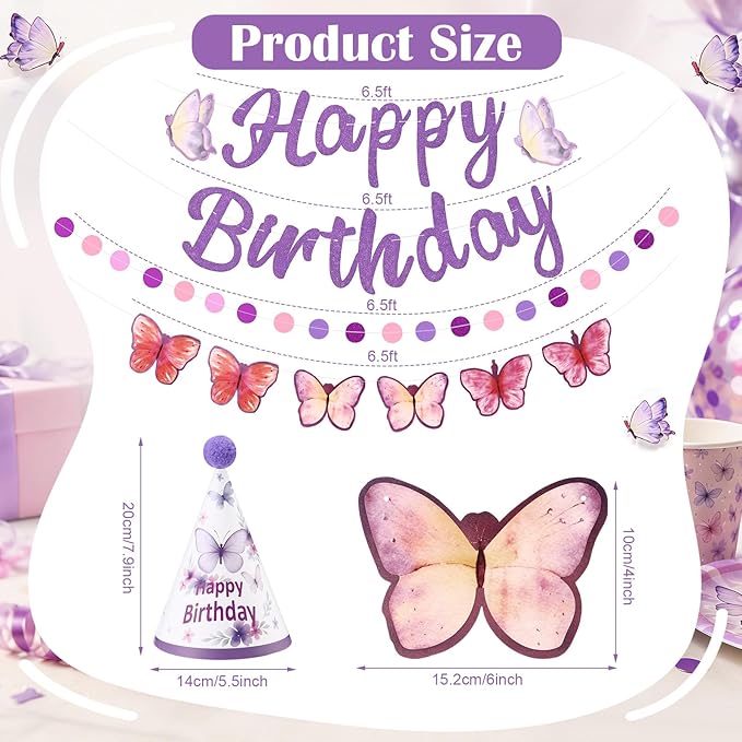 AmazingSpark 25 Pcs Purple Butterfly Birthday Party Set Includes 24 Cone Hats with Pompoms and 1 Happy Birthday Banner for Butterfly Themed Parties Baby Showers Photo Props Decorations