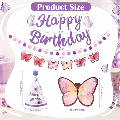 AmazingSpark 25 Pcs Purple Butterfly Birthday Party Set Includes 24 Cone Hats with Pompoms and 1 Happy Birthday Banner for Butterfly Themed Parties Baby Showers Photo Props Decorations