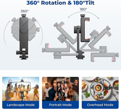 Ruittos Phone Tripod Mount with Remote Controller, New Universal Smartphone Mount Adapter with Cold Shoe, 360° Rotates Cell Phone Clip Clamp Holder, Compatible with iPhone, Samsung and All Phones