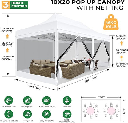 COBIZI 10x20 Heavy Duty Pop Up Canopy Tent with 6 Sidewalls, Easy Set Up Outdoor Waterproof Screen Commercial Party Tent with Mosquito Netting for Parties Backyard Patio, Roller Bag, White