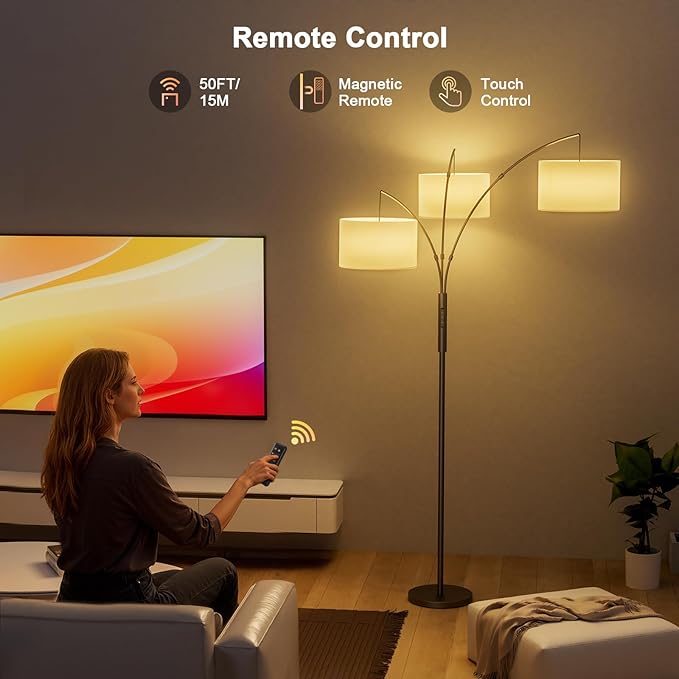 SIBRILLE 36W RGB Arc Floor Lamp with 3 White Fabric Shades, 3000LM Super Bright Standing Lamp with Remote Control & Touch, Stepless Dimming, Individual Light Control for Living Room, Bedroom