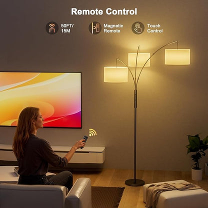SIBRILLE 36W RGB Arc Floor Lamp with 3 White Fabric Shades, 3000LM Super Bright Standing Lamp with Remote Control & Touch, Stepless Dimming, Individual Light Control for Living Room, Bedroom