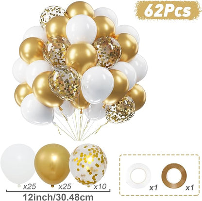 Netnology Gold and White Balloons Set, 60Pcs 12 Inch White Metallic Gold and Gold Confetti Latex Balloon for Birthday Baby Shower Bridal Shower Wedding Graduation Party Decorations