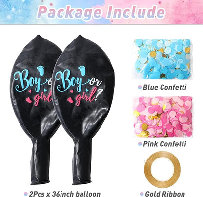 Large Gender Reveal Balloons - 2pcs 36 Inch Black Boy or Girl Balloon with Pink and Blue Confetti for Baby Shower Gender Reveal Ideas Party Decorations