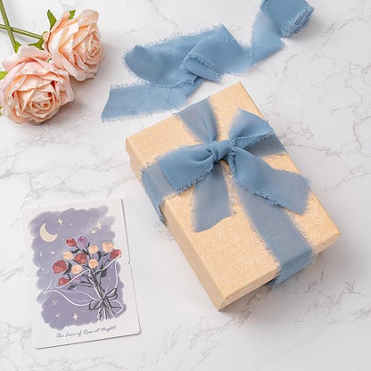Husfunov Dusty Blue Handmade Chiffon Ribbon,1.5Inch x 3 Rolls Total 24 Yards Dusty Blue Fringe Chiffon Silk Ribbon,for Wrapping Wedding Invitations,Bridal Bouquets,DIY Crafts,Home Decor and More