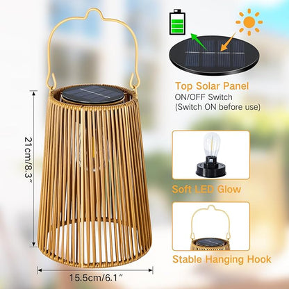 2 Pack Solar Lanterns, Outdoor Waterproof Hanging Rattan Woven Solar Lights with Auto On/Off, Decorative Gifts for Mom, Garden, Yard, Patio, Tree, Porch, Lawn, Pathway Outside Tabletop Decor